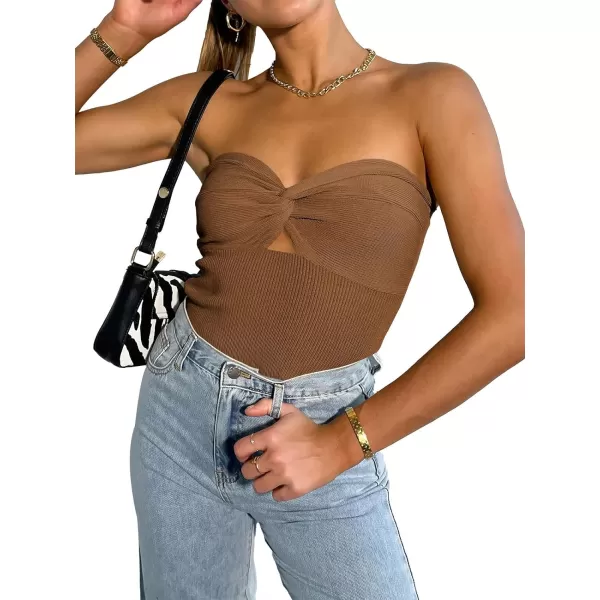 imageWomen Strapless Crop Tube Top Sexy Ribbed Knit Cutout Twisted Knot Front Sleeveless Y2K Corset Tanks TopCaramel