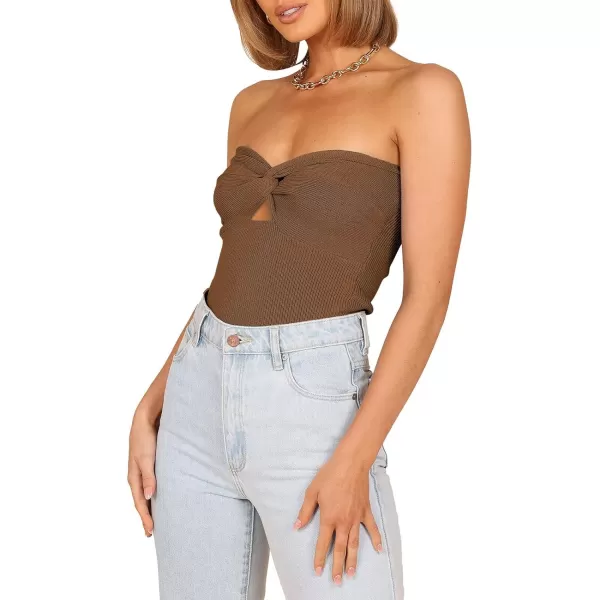 imageWomen Strapless Crop Tube Top Sexy Ribbed Knit Cutout Twisted Knot Front Sleeveless Y2K Corset Tanks TopCaramel