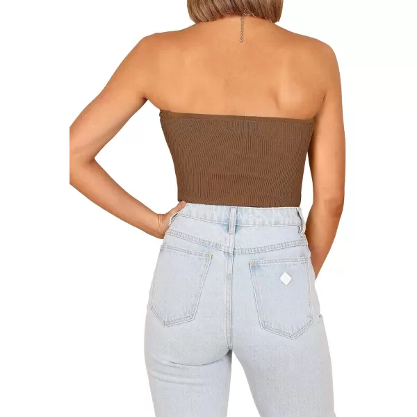 imageWomen Strapless Crop Tube Top Sexy Ribbed Knit Cutout Twisted Knot Front Sleeveless Y2K Corset Tanks TopCaramel