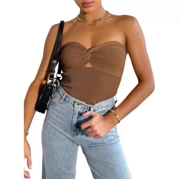 imageWomen Strapless Crop Tube Top Sexy Ribbed Knit Cutout Twisted Knot Front Sleeveless Y2K Corset Tanks TopCaramel