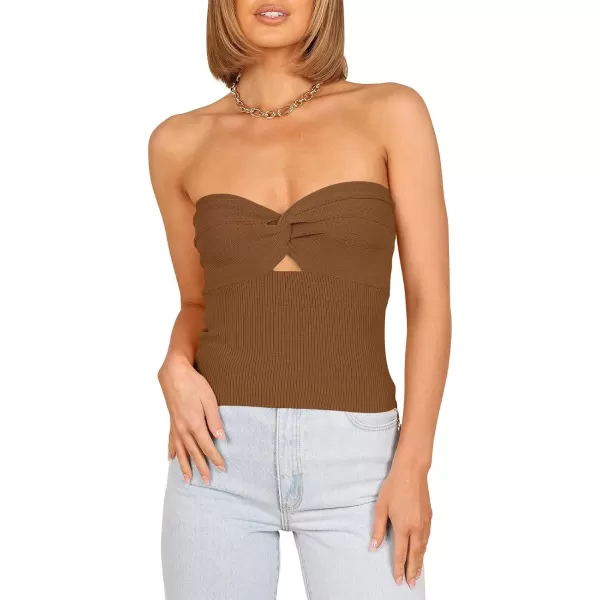 imageWomen Strapless Crop Tube Top Sexy Ribbed Knit Cutout Twisted Knot Front Sleeveless Y2K Corset Tanks TopCaramel