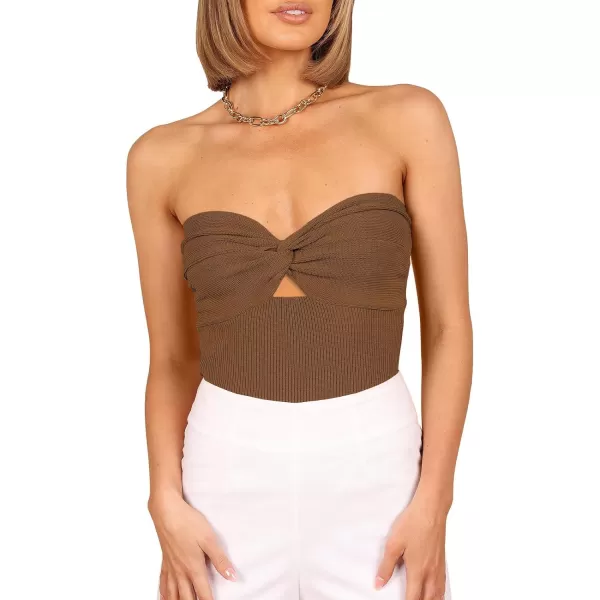 imageWomen Strapless Crop Tube Top Sexy Ribbed Knit Cutout Twisted Knot Front Sleeveless Y2K Corset Tanks TopCaramel