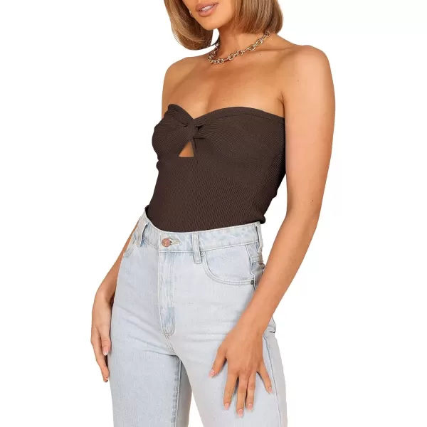 imageWomen Strapless Crop Tube Top Sexy Ribbed Knit Cutout Twisted Knot Front Sleeveless Y2K Corset Tanks TopCoffee