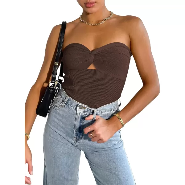 imageWomen Strapless Crop Tube Top Sexy Ribbed Knit Cutout Twisted Knot Front Sleeveless Y2K Corset Tanks TopCoffee