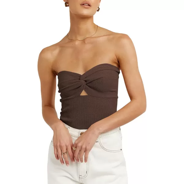imageWomen Strapless Crop Tube Top Sexy Ribbed Knit Cutout Twisted Knot Front Sleeveless Y2K Corset Tanks TopCoffee