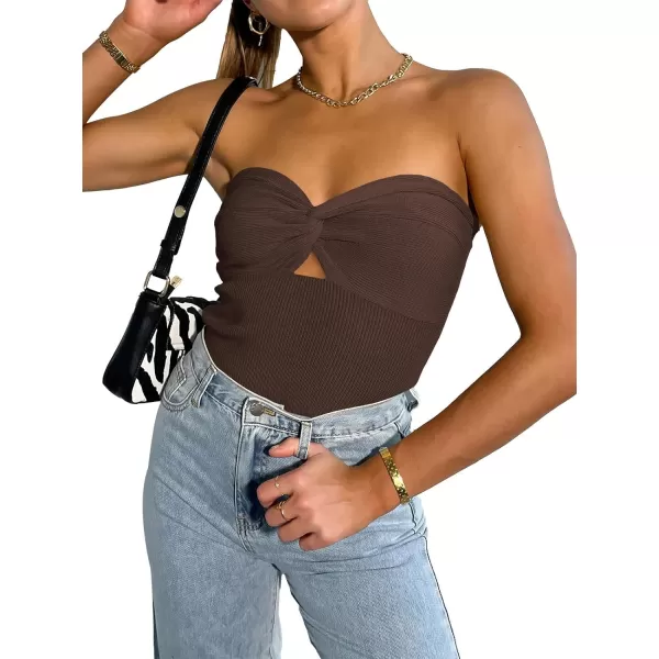 imageWomen Strapless Crop Tube Top Sexy Ribbed Knit Cutout Twisted Knot Front Sleeveless Y2K Corset Tanks TopCoffee