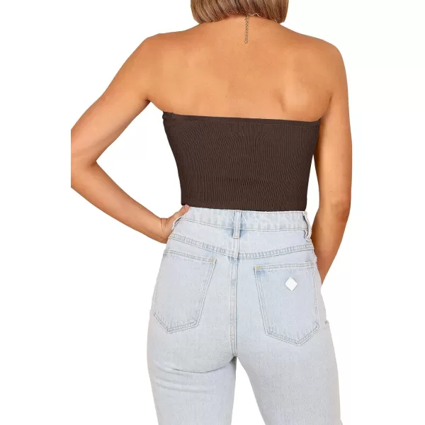 imageWomen Strapless Crop Tube Top Sexy Ribbed Knit Cutout Twisted Knot Front Sleeveless Y2K Corset Tanks TopCoffee