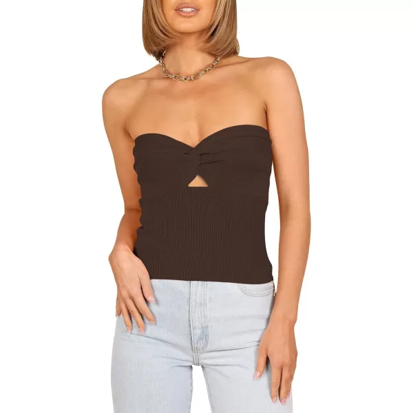 imageWomen Strapless Crop Tube Top Sexy Ribbed Knit Cutout Twisted Knot Front Sleeveless Y2K Corset Tanks TopCoffee