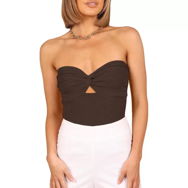 imageWomen Strapless Crop Tube Top Sexy Ribbed Knit Cutout Twisted Knot Front Sleeveless Y2K Corset Tanks TopCoffee