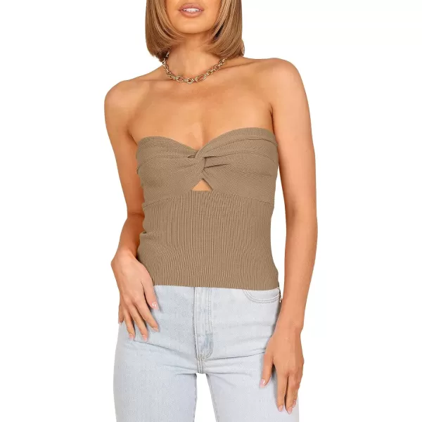 imageWomen Strapless Crop Tube Top Sexy Ribbed Knit Cutout Twisted Knot Front Sleeveless Y2K Corset Tanks TopKhaki