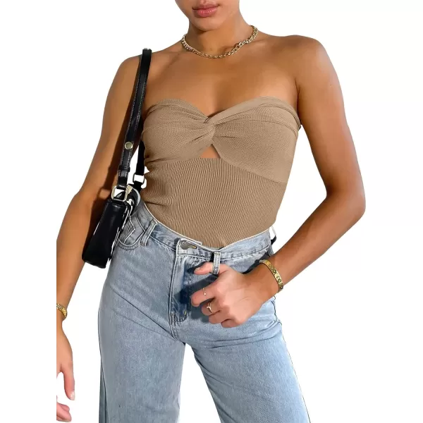 imageWomen Strapless Crop Tube Top Sexy Ribbed Knit Cutout Twisted Knot Front Sleeveless Y2K Corset Tanks TopKhaki