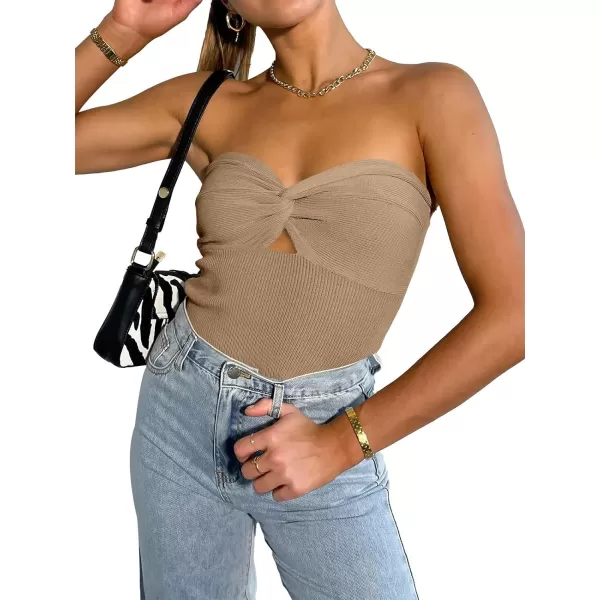 imageWomen Strapless Crop Tube Top Sexy Ribbed Knit Cutout Twisted Knot Front Sleeveless Y2K Corset Tanks TopKhaki