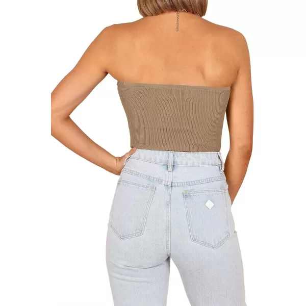 imageWomen Strapless Crop Tube Top Sexy Ribbed Knit Cutout Twisted Knot Front Sleeveless Y2K Corset Tanks TopKhaki