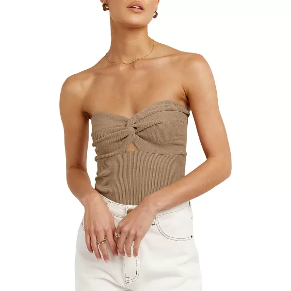 imageWomen Strapless Crop Tube Top Sexy Ribbed Knit Cutout Twisted Knot Front Sleeveless Y2K Corset Tanks TopKhaki