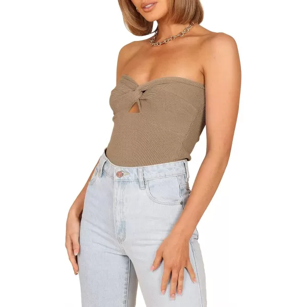 imageWomen Strapless Crop Tube Top Sexy Ribbed Knit Cutout Twisted Knot Front Sleeveless Y2K Corset Tanks TopKhaki