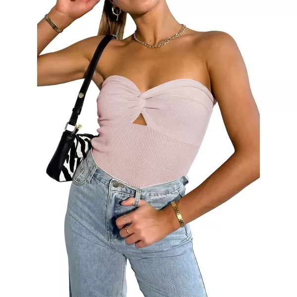 imageWomen Strapless Crop Tube Top Sexy Ribbed Knit Cutout Twisted Knot Front Sleeveless Y2K Corset Tanks TopPink