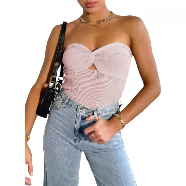 imageWomen Strapless Crop Tube Top Sexy Ribbed Knit Cutout Twisted Knot Front Sleeveless Y2K Corset Tanks TopPink