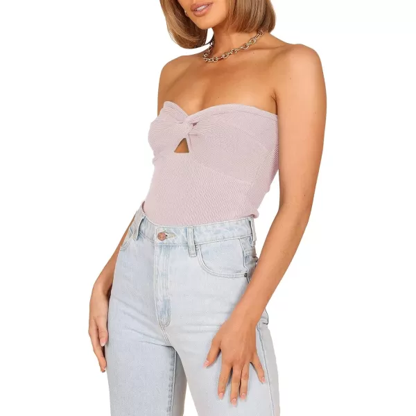 imageWomen Strapless Crop Tube Top Sexy Ribbed Knit Cutout Twisted Knot Front Sleeveless Y2K Corset Tanks TopPink