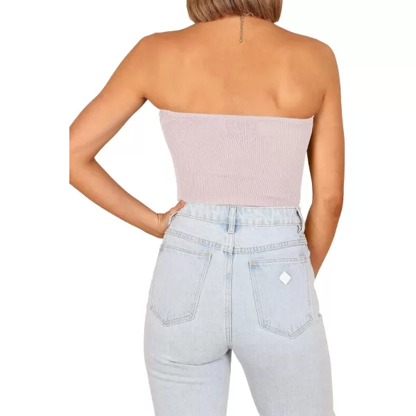 imageWomen Strapless Crop Tube Top Sexy Ribbed Knit Cutout Twisted Knot Front Sleeveless Y2K Corset Tanks TopPink