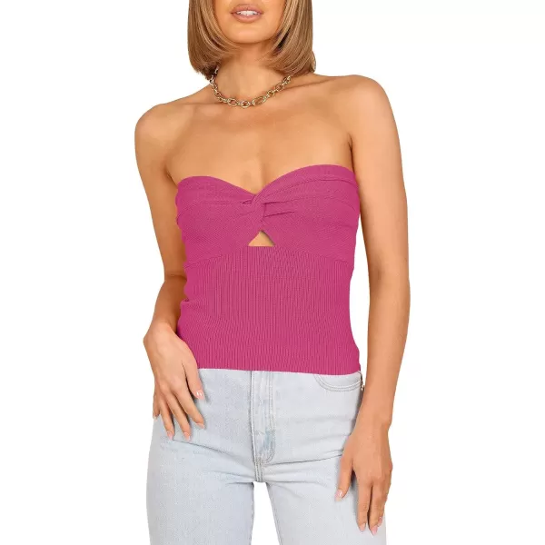 imageWomen Strapless Crop Tube Top Sexy Ribbed Knit Cutout Twisted Knot Front Sleeveless Y2K Corset Tanks TopRose