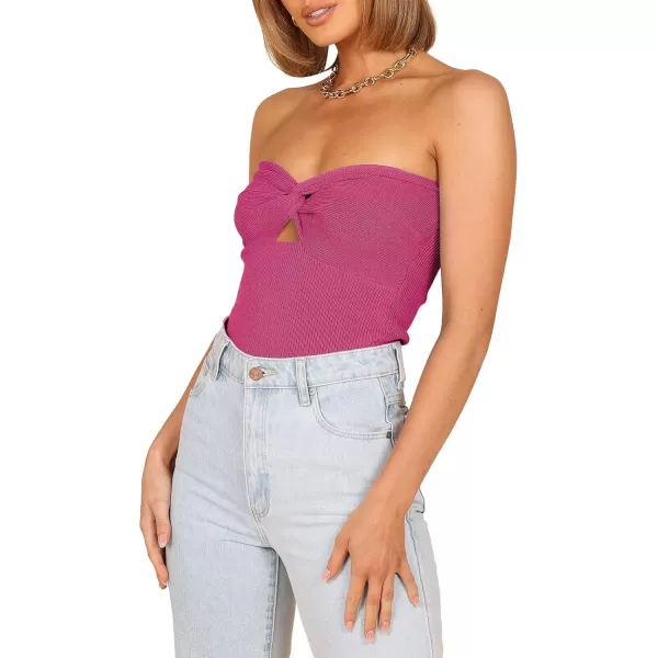 imageWomen Strapless Crop Tube Top Sexy Ribbed Knit Cutout Twisted Knot Front Sleeveless Y2K Corset Tanks TopRose