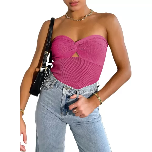 imageWomen Strapless Crop Tube Top Sexy Ribbed Knit Cutout Twisted Knot Front Sleeveless Y2K Corset Tanks TopRose