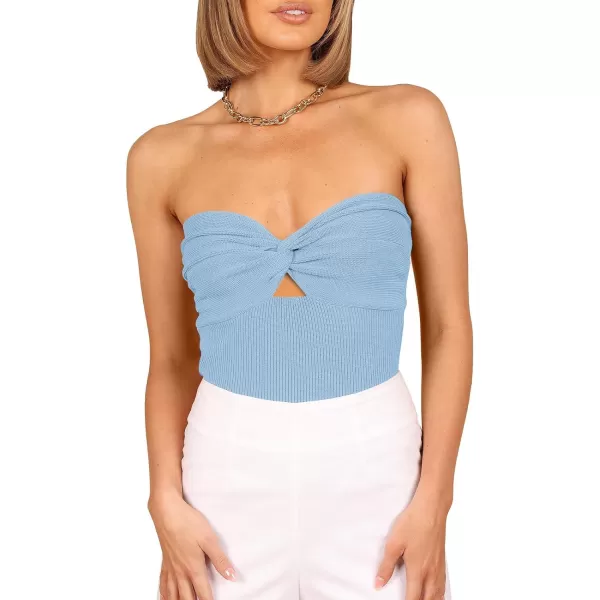 imageWomen Strapless Crop Tube Top Sexy Ribbed Knit Cutout Twisted Knot Front Sleeveless Y2K Corset Tanks TopSky