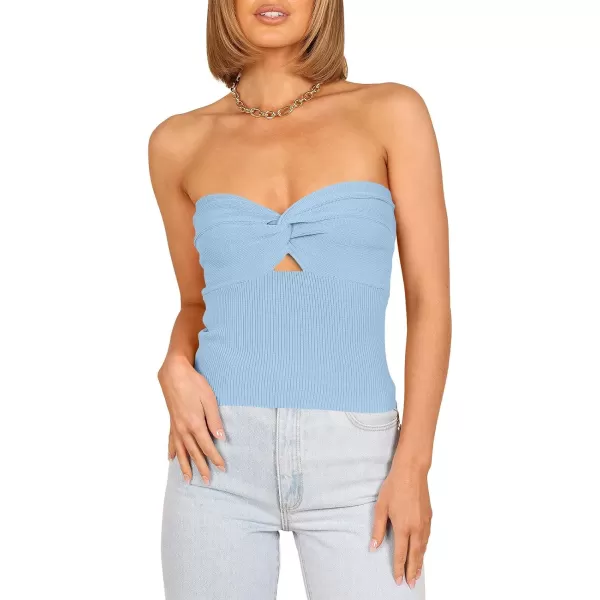 imageWomen Strapless Crop Tube Top Sexy Ribbed Knit Cutout Twisted Knot Front Sleeveless Y2K Corset Tanks TopSky
