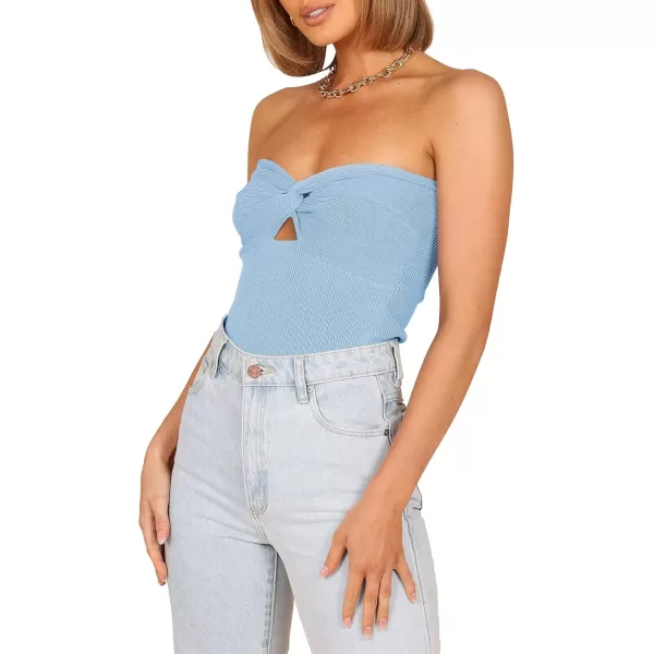 imageWomen Strapless Crop Tube Top Sexy Ribbed Knit Cutout Twisted Knot Front Sleeveless Y2K Corset Tanks TopSky
