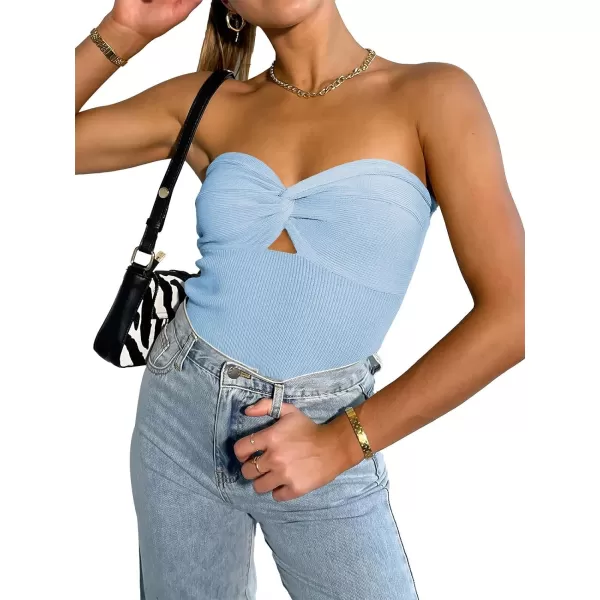imageWomen Strapless Crop Tube Top Sexy Ribbed Knit Cutout Twisted Knot Front Sleeveless Y2K Corset Tanks TopSky