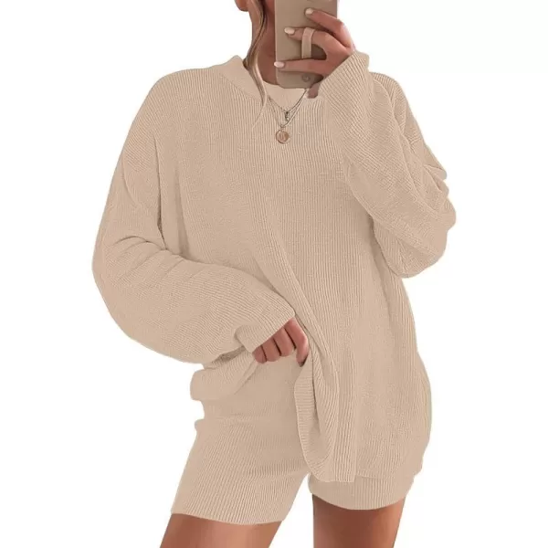 imageANRABESS 2 Piece Outfits For Women 2024 Spring Lounge Matching Loungewear Sets Oversized Sweater and Shorts SetBeige