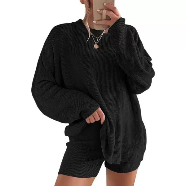 imageANRABESS 2 Piece Outfits For Women 2024 Spring Lounge Matching Loungewear Sets Oversized Sweater and Shorts SetBlack