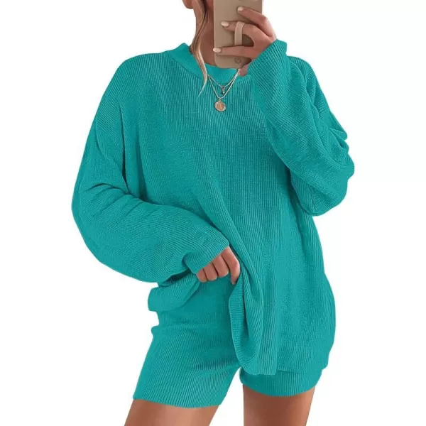 imageANRABESS 2 Piece Outfits For Women 2024 Spring Lounge Matching Loungewear Sets Oversized Sweater and Shorts SetCyan