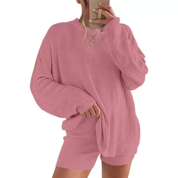 imageANRABESS 2 Piece Outfits For Women 2024 Spring Lounge Matching Loungewear Sets Oversized Sweater and Shorts SetDrak Pink
