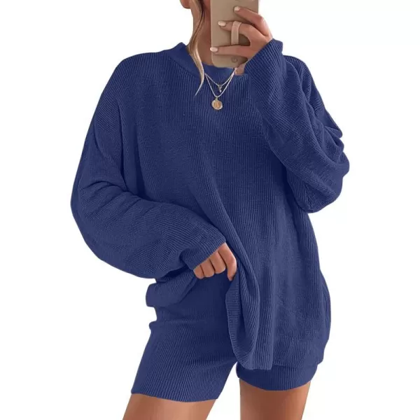 imageANRABESS 2 Piece Outfits For Women 2024 Spring Lounge Matching Loungewear Sets Oversized Sweater and Shorts SetNavy Blue