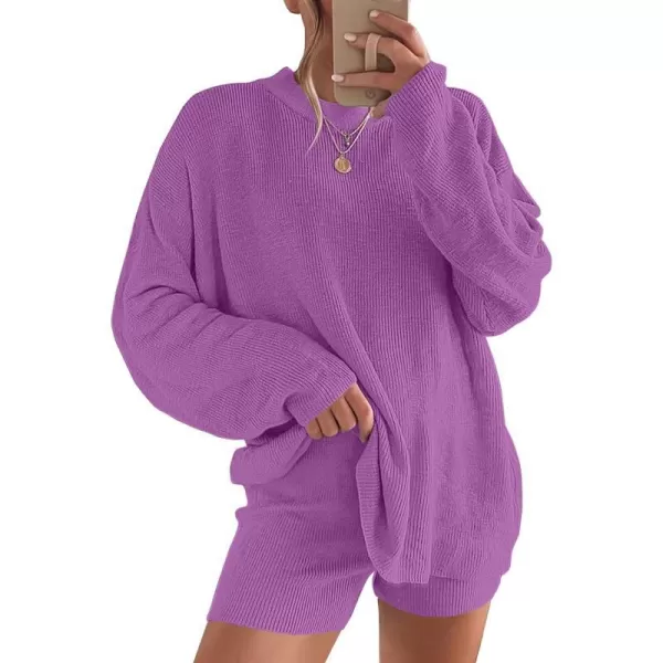 imageANRABESS 2 Piece Outfits For Women 2024 Spring Lounge Matching Loungewear Sets Oversized Sweater and Shorts SetPurple