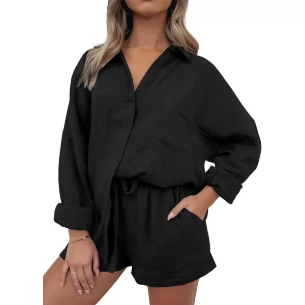 imageANRABESS 2 Piece Outfits For Women Linen Sets Long Sleeve Button Down Oversized Shirts Lounge Matching Short SetsBlack
