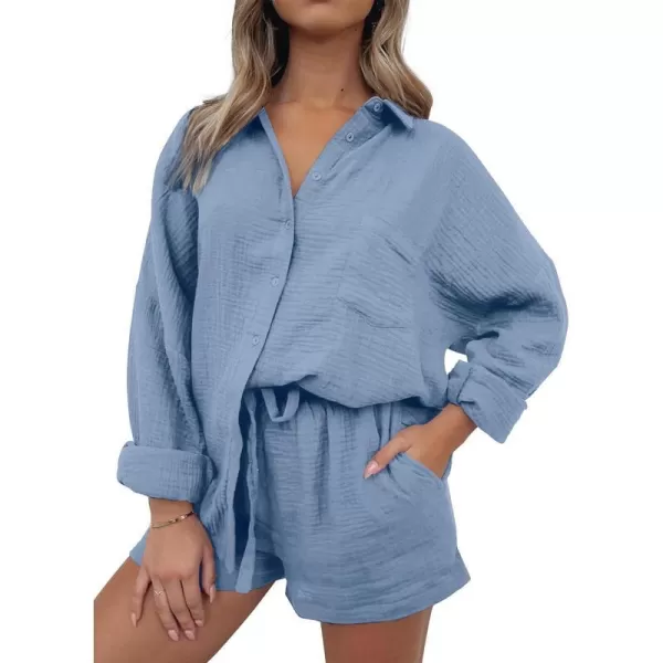 imageANRABESS 2 Piece Outfits For Women Linen Sets Long Sleeve Button Down Oversized Shirts Lounge Matching Short SetsBlue
