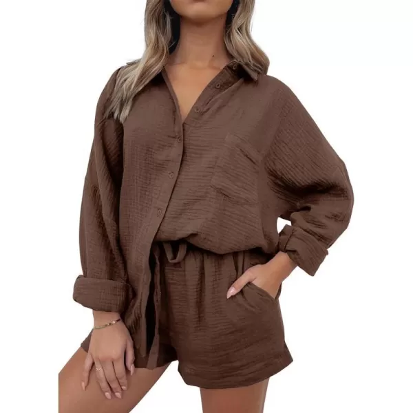 imageANRABESS 2 Piece Outfits For Women Linen Sets Long Sleeve Button Down Oversized Shirts Lounge Matching Short SetsBrown