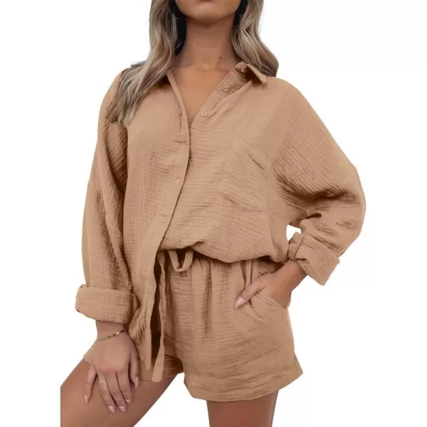 imageANRABESS 2 Piece Outfits For Women Linen Sets Long Sleeve Button Down Oversized Shirts Lounge Matching Short SetsCamel