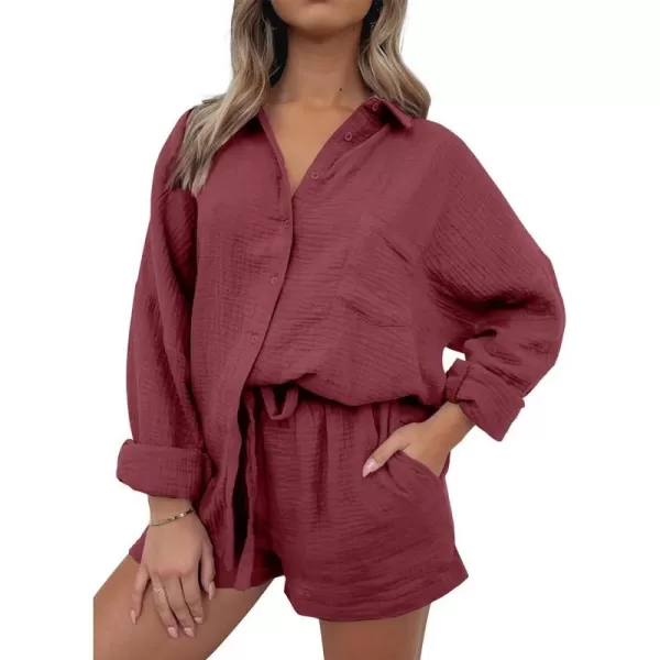 imageANRABESS 2 Piece Outfits For Women Linen Sets Long Sleeve Button Down Oversized Shirts Lounge Matching Short SetsFuchsia