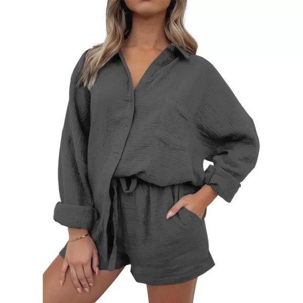 imageANRABESS 2 Piece Outfits For Women Linen Sets Long Sleeve Button Down Oversized Shirts Lounge Matching Short SetsGray