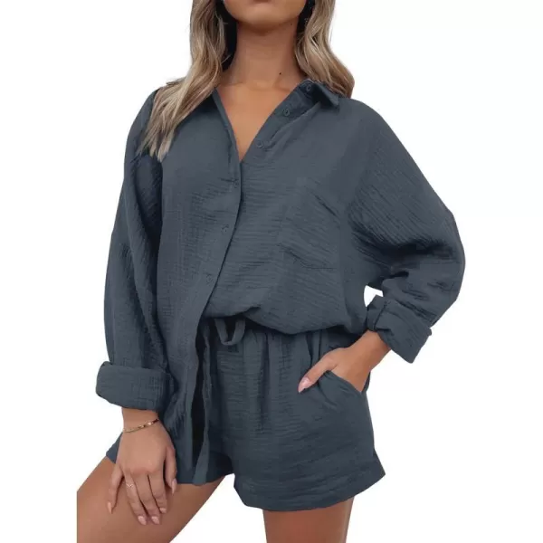 imageANRABESS 2 Piece Outfits For Women Linen Sets Long Sleeve Button Down Oversized Shirts Lounge Matching Short SetsGray Blue