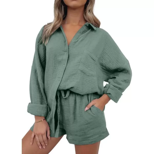 imageANRABESS 2 Piece Outfits For Women Linen Sets Long Sleeve Button Down Oversized Shirts Lounge Matching Short SetsGreen