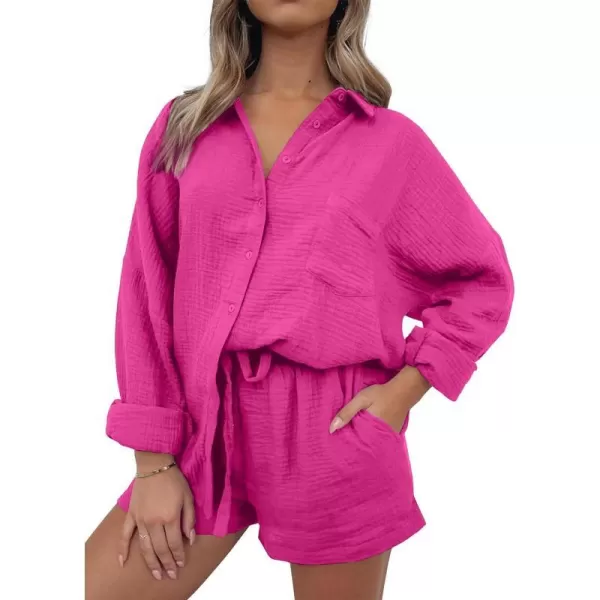 imageANRABESS 2 Piece Outfits For Women Linen Sets Long Sleeve Button Down Oversized Shirts Lounge Matching Short SetsHot Pink