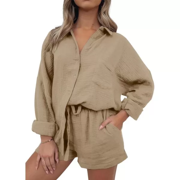 imageANRABESS 2 Piece Outfits For Women Linen Sets Long Sleeve Button Down Oversized Shirts Lounge Matching Short SetsKhaki