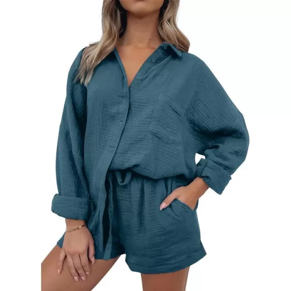 imageANRABESS 2 Piece Outfits For Women Linen Sets Long Sleeve Button Down Oversized Shirts Lounge Matching Short SetsLake