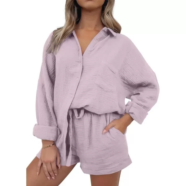 imageANRABESS 2 Piece Outfits For Women Linen Sets Long Sleeve Button Down Oversized Shirts Lounge Matching Short SetsLight Purple