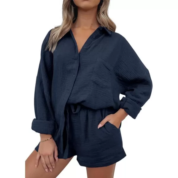 imageANRABESS 2 Piece Outfits For Women Linen Sets Long Sleeve Button Down Oversized Shirts Lounge Matching Short SetsNavy Blue