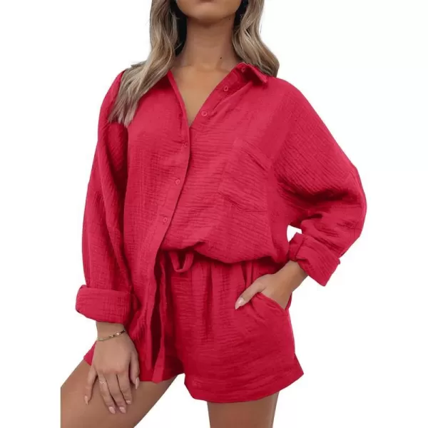 imageANRABESS 2 Piece Outfits For Women Linen Sets Long Sleeve Button Down Oversized Shirts Lounge Matching Short SetsRed